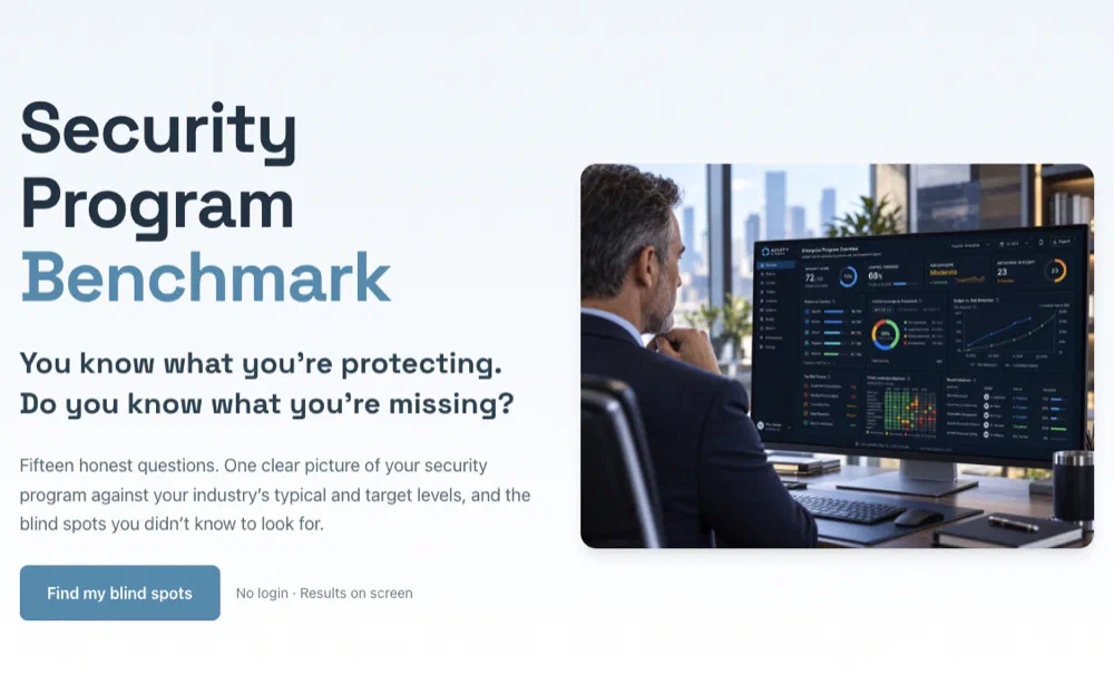 The Security Program Benchmark start page: the headline "You know what you're protecting. Do you know what you're missing?", a Find my blind spots button, and a security executive reviewing the Acuity dashboard