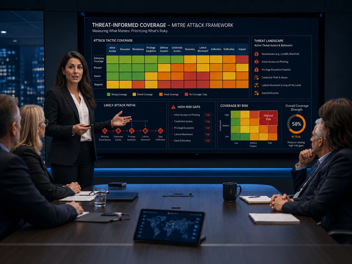 A security leader presenting threat-informed coverage to a board: a MITRE ATT&CK tactic coverage matrix shaded from strong to gap, alongside likely attack paths, high-risk gaps, a coverage-by-risk grid, and an overall coverage strength of 58%