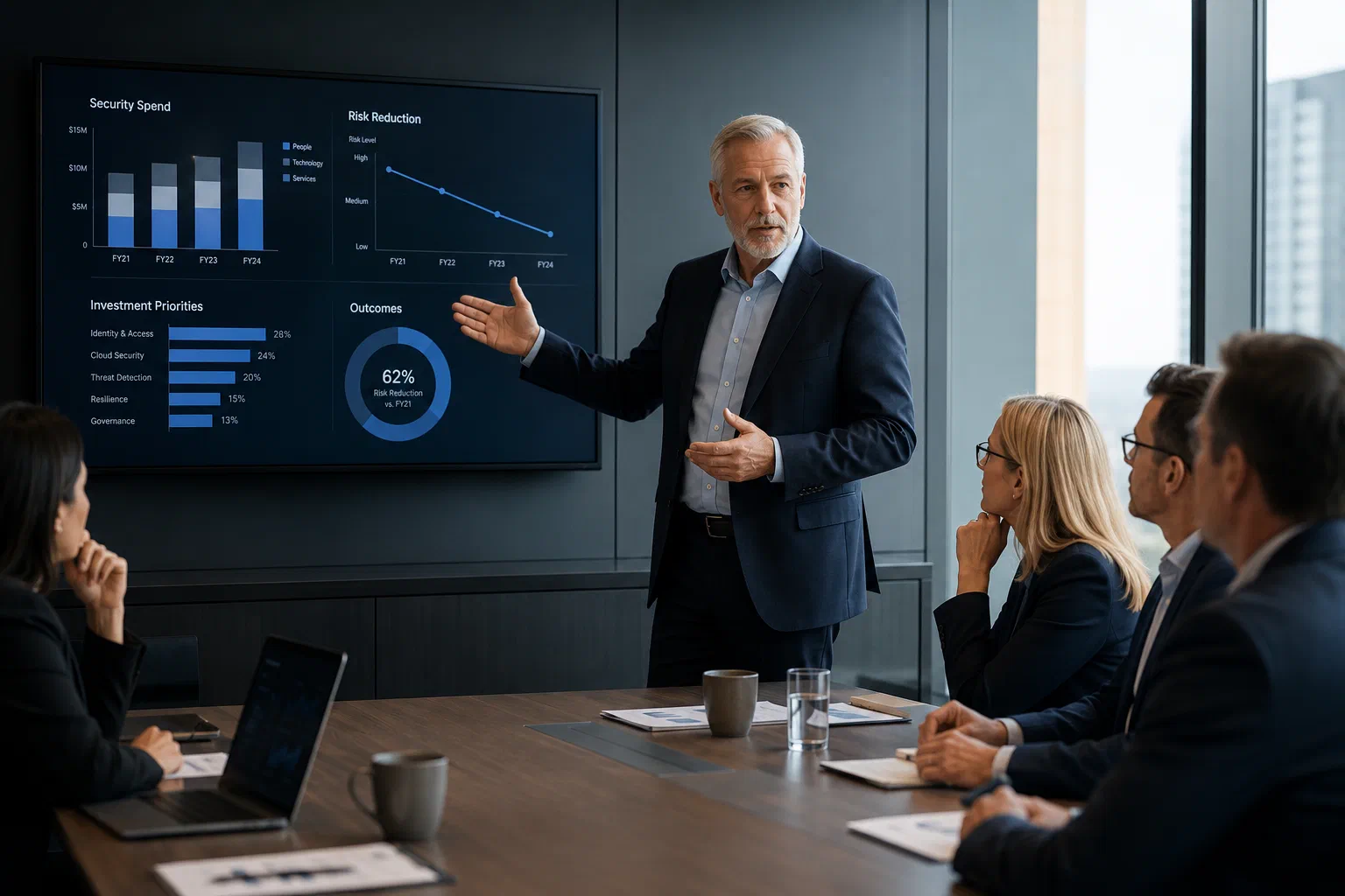 A security leader presenting to a board: security spend by people, technology and services across four fiscal years, set against a falling risk curve, investment priorities by category, and a 62% risk reduction outcome
