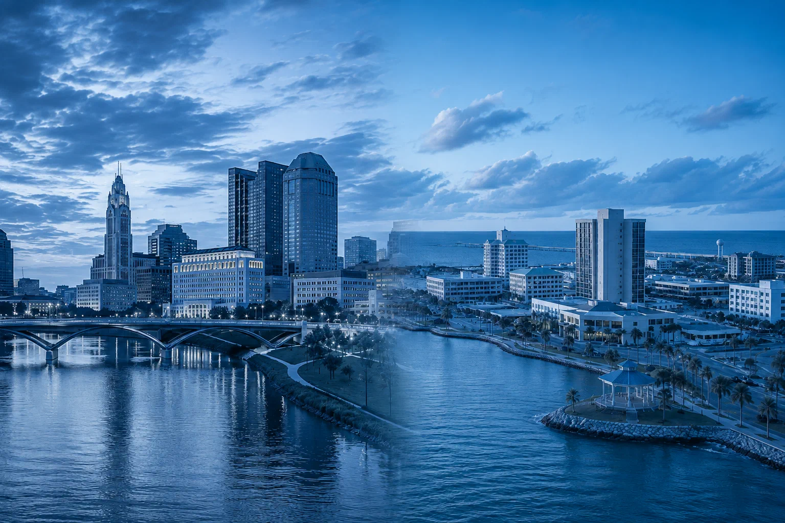 A blue-toned dusk composite of the two cities ProSentra works from: the Columbus, Ohio riverfront skyline and arched bridge on the left flowing into the Gulfport, Mississippi waterfront on the right