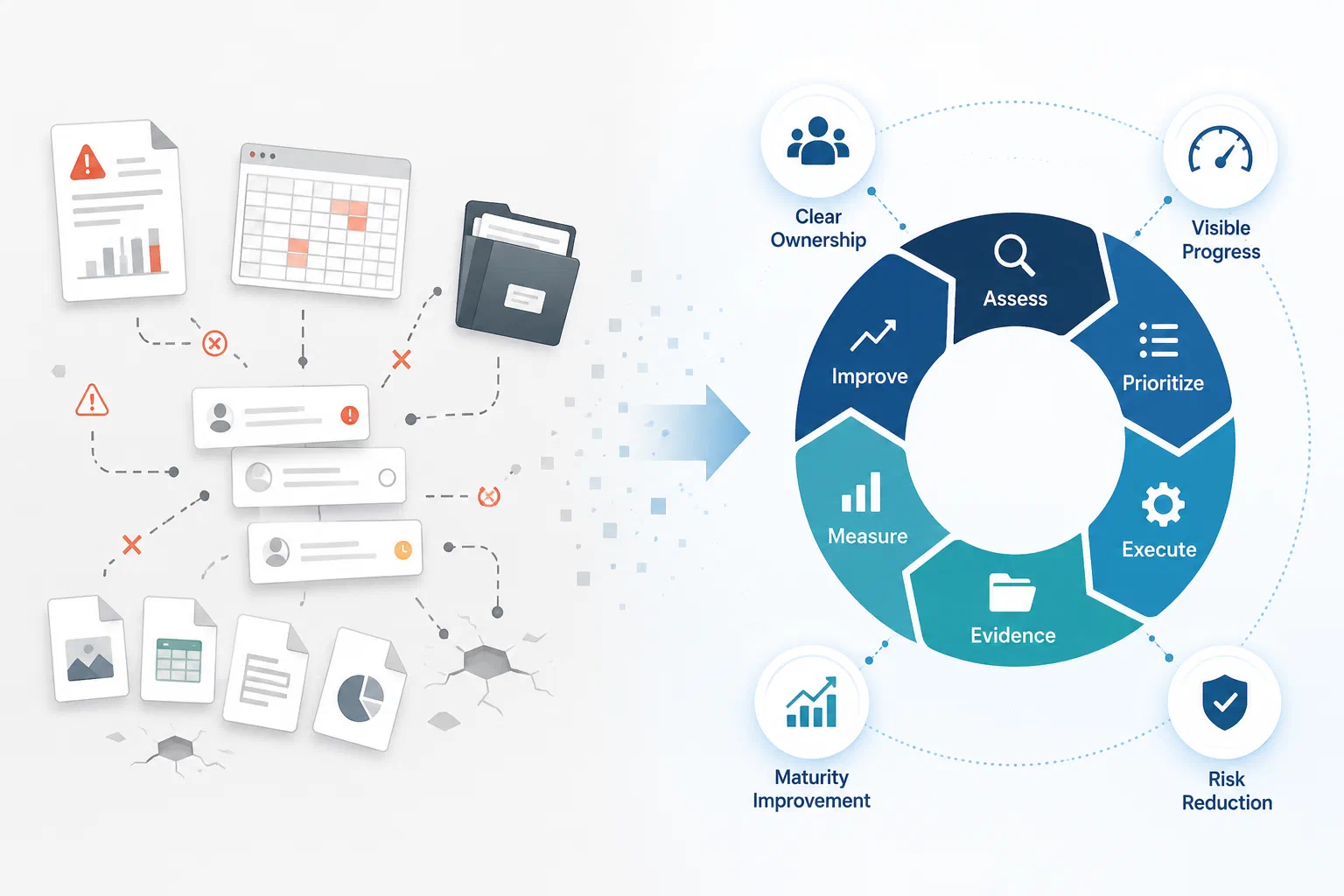 Scattered spreadsheets, tickets and documents on the left giving way to a single closed loop — assess, prioritize, execute, evidence, measure, improve — ringed by what it produces: clear ownership, visible progress, risk reduction, and maturity improvement