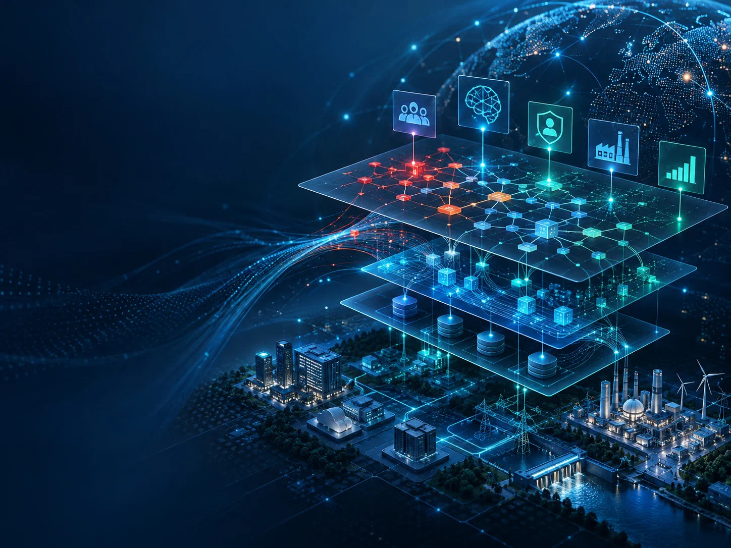 Layered security program model floating above a city and critical infrastructure: threat paths in red flow into a network of controls and tools, connected to icons for people, AI, identity, industrial systems and investment, with water, power and industrial facilities below