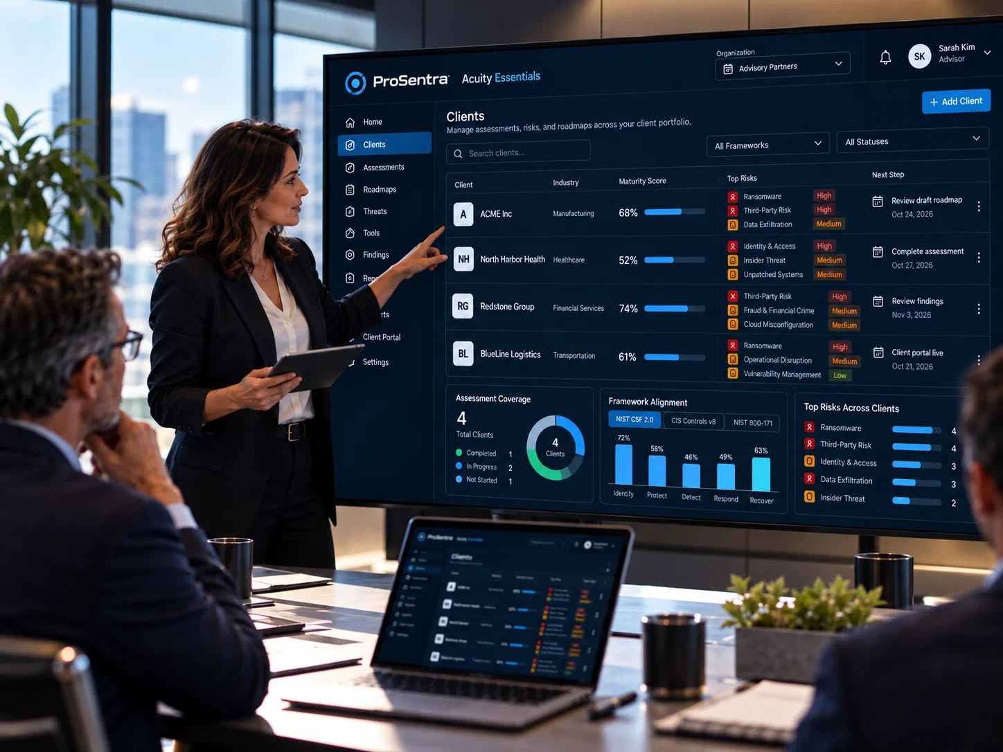 An advisor presenting the Acuity Essentials client portfolio on a wall screen, showing maturity scores, top risks and next steps for four clients, plus assessment coverage, framework alignment and top risks across clients