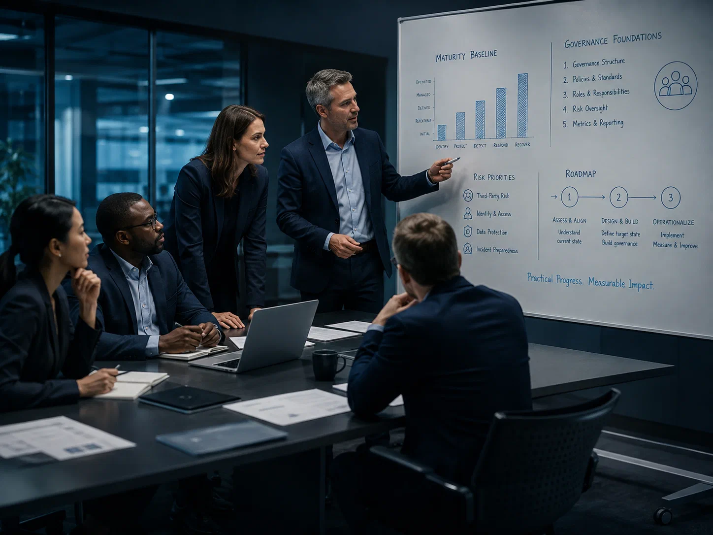 A ProSentra consultant leading a working session, presenting a maturity baseline across the NIST CSF functions alongside governance foundations, risk priorities, and a three-stage roadmap