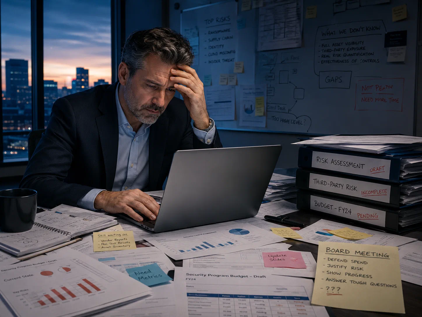 A security leader working late at a desk buried in draft budgets, control assessments and sticky notes, against a whiteboard listing top risks, what we don’t know, and gaps — binders beside him marked risk assessment draft, third-party risk incomplete and budget pending, and a note reading “board meeting: defend spend, justify risk, show progress, answer tough questions”