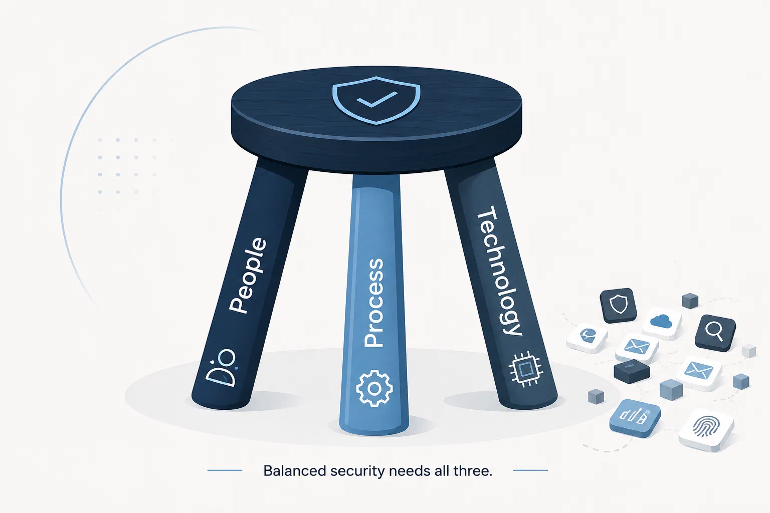 A three-legged stool topped by a security shield, its legs labelled People, Process and Technology, with a scatter of disconnected security tool icons beside it — balanced security needs all three