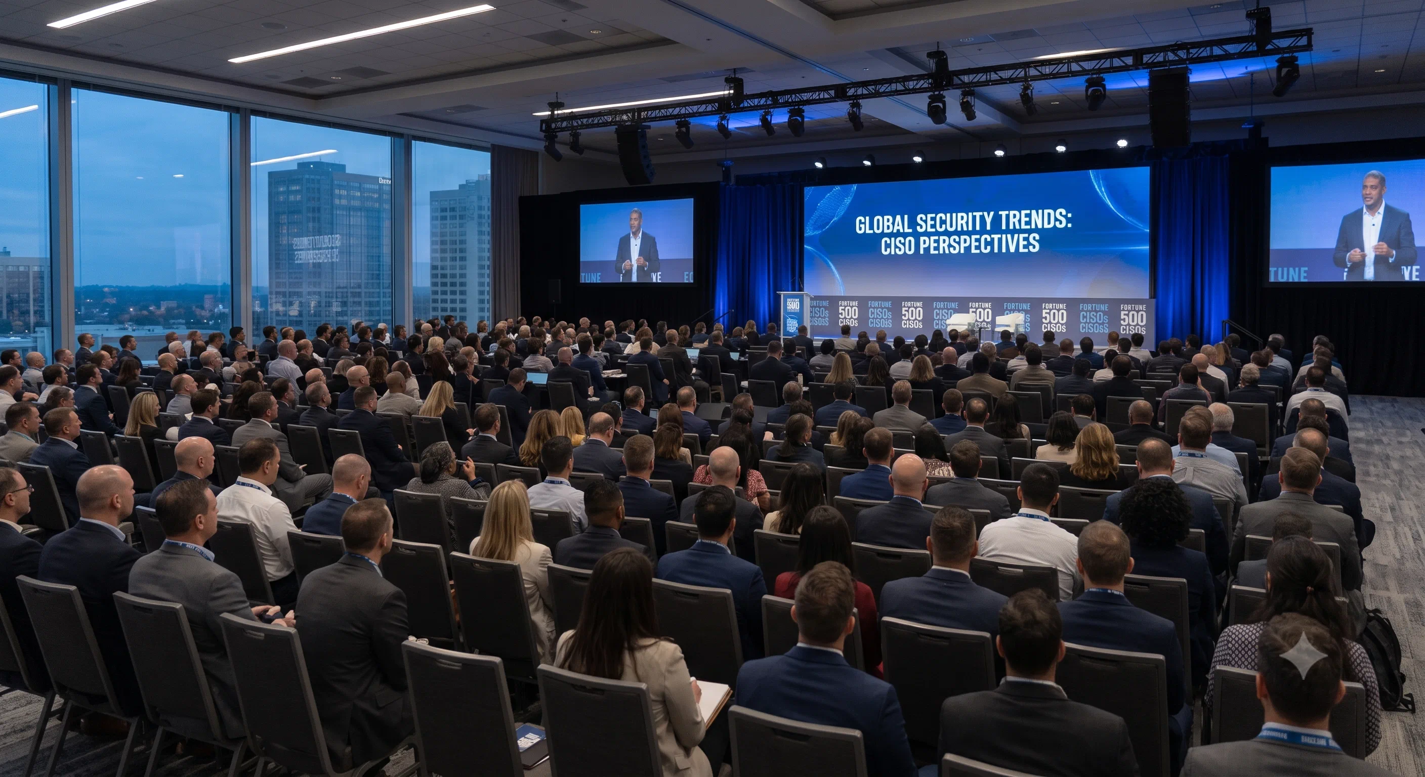 A packed conference hall of security leaders in a high-rise venue at dusk, facing a stage screen reading “Global security trends: CISO perspectives”